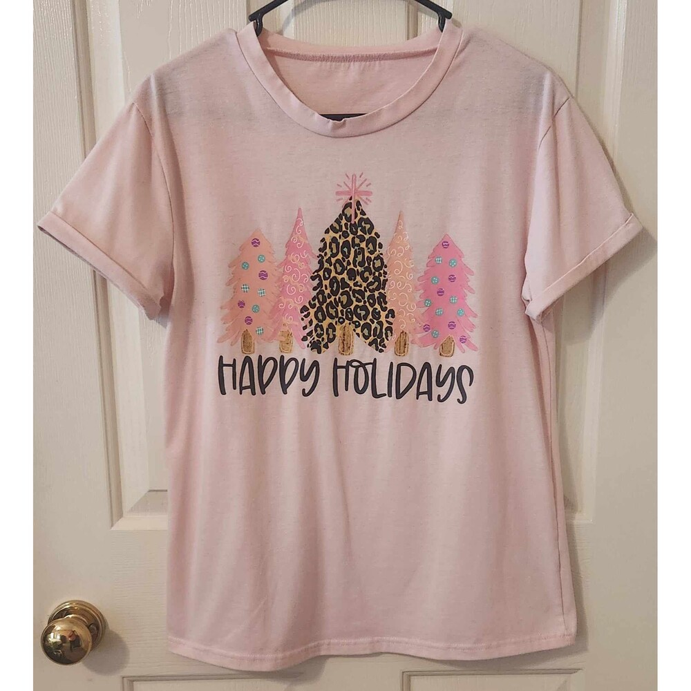 Christmas Happy Holidays Womens T Shirt animal print tree pink size M